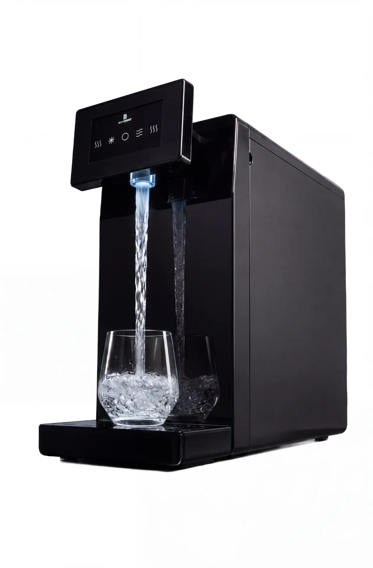 Depuratore d'acqua Clearwater nero con display touch mentre eroga acqua in un bicchiere